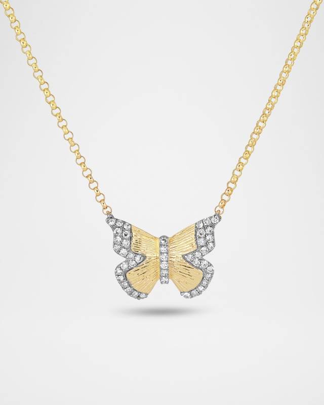 14K Yellow Gold Pave Diamond Butterfly Necklace